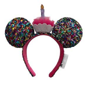 Disney Parks Minnie Mouse Happy Birthday Sequin Ears Headband With Pink Cupcake